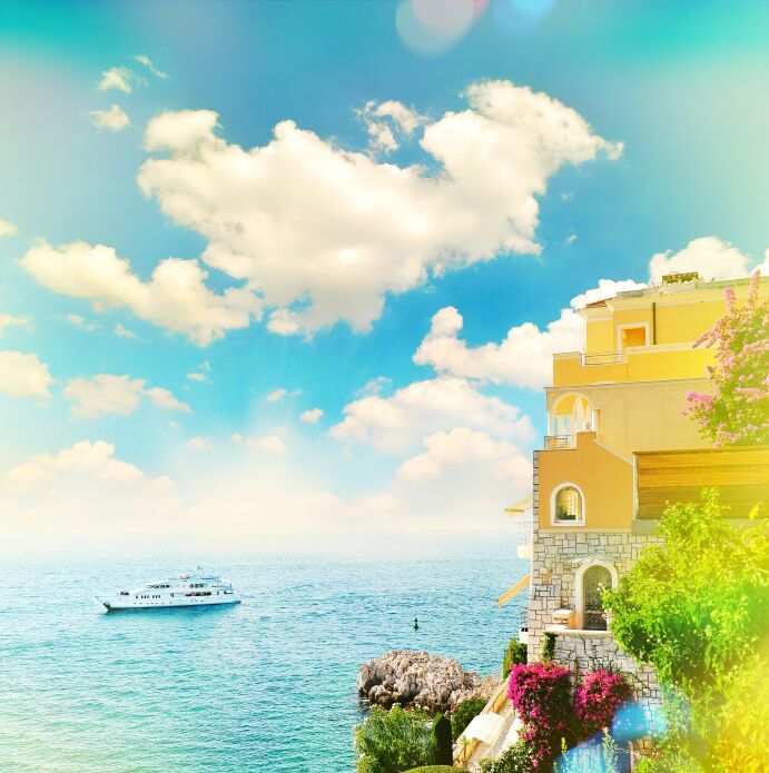A beautiful dreamy image of a cruise ship on the blue sea
