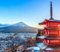Traditional Japanese Building in foreground with Mount Fuji in background
