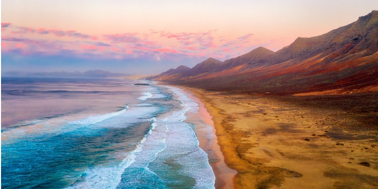 Sunset on the remote, natural beach found at Cofete, Fuerteventura